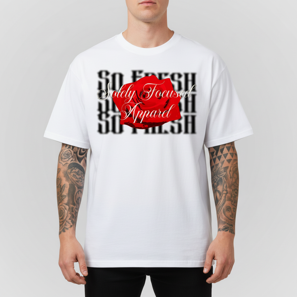 White crewneck graphic T-shirt with red script and black typography front