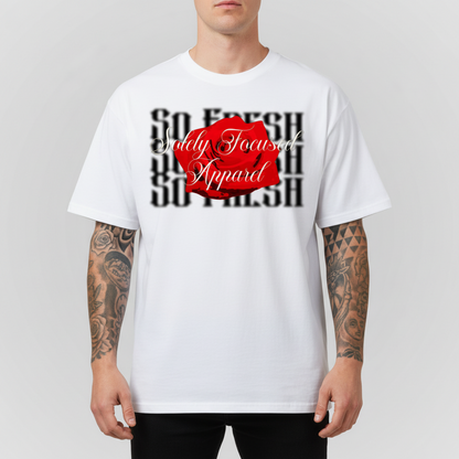 White crewneck graphic T-shirt with red script and black typography front