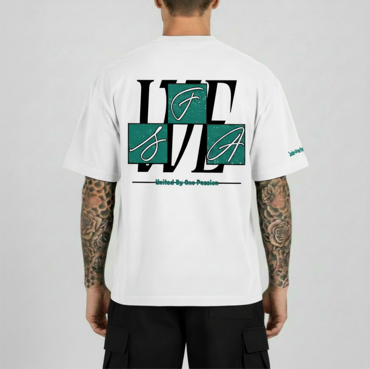 White T-shirt back view with large graphic and green logo