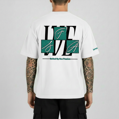 White T-shirt back view with large graphic and green logo